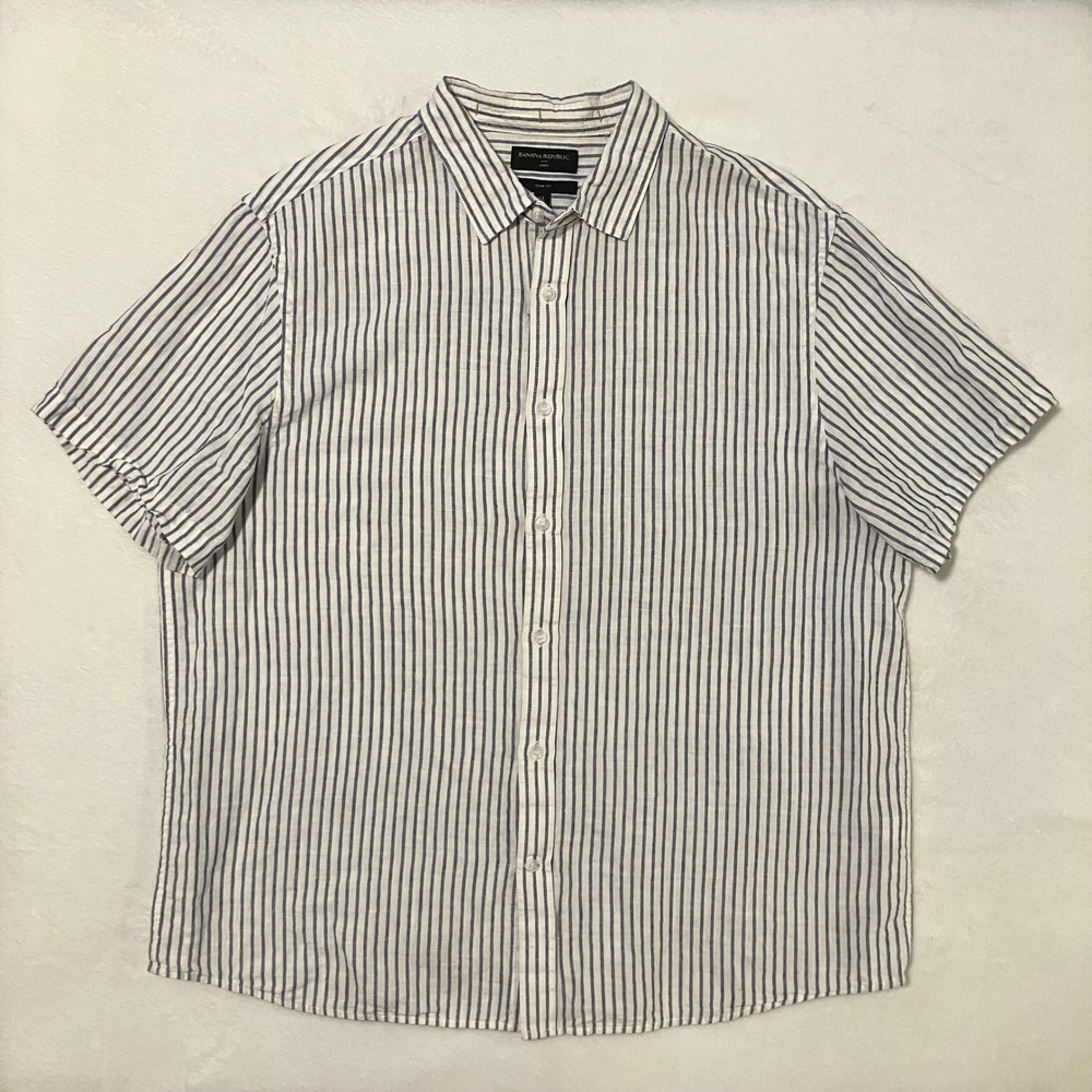 Banana Republic Slim Linen Blend Shirt Men's Size XL Blue Striped Short Sleeves